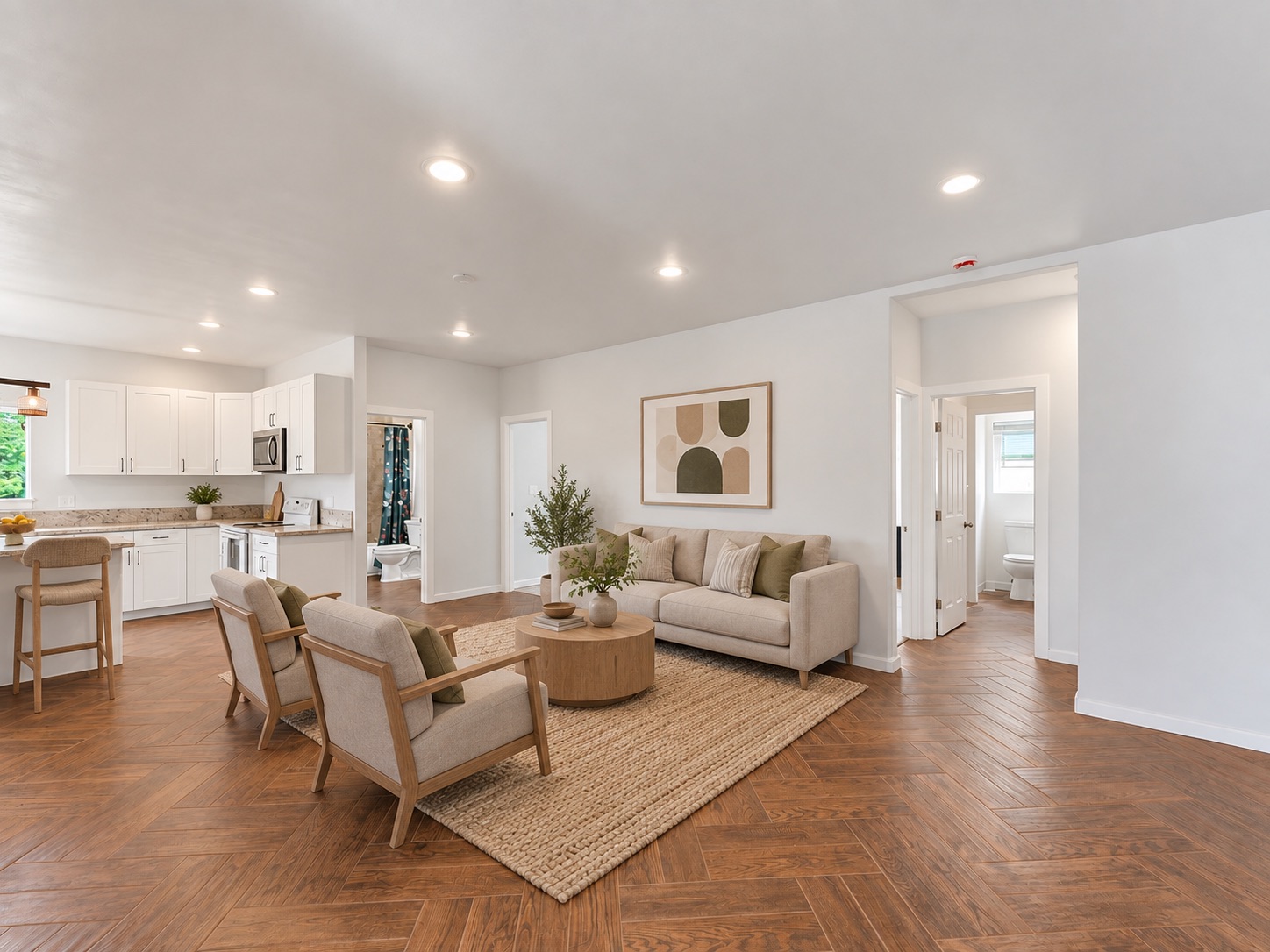 Living room with herringbone tile floors opening to the kitchen
