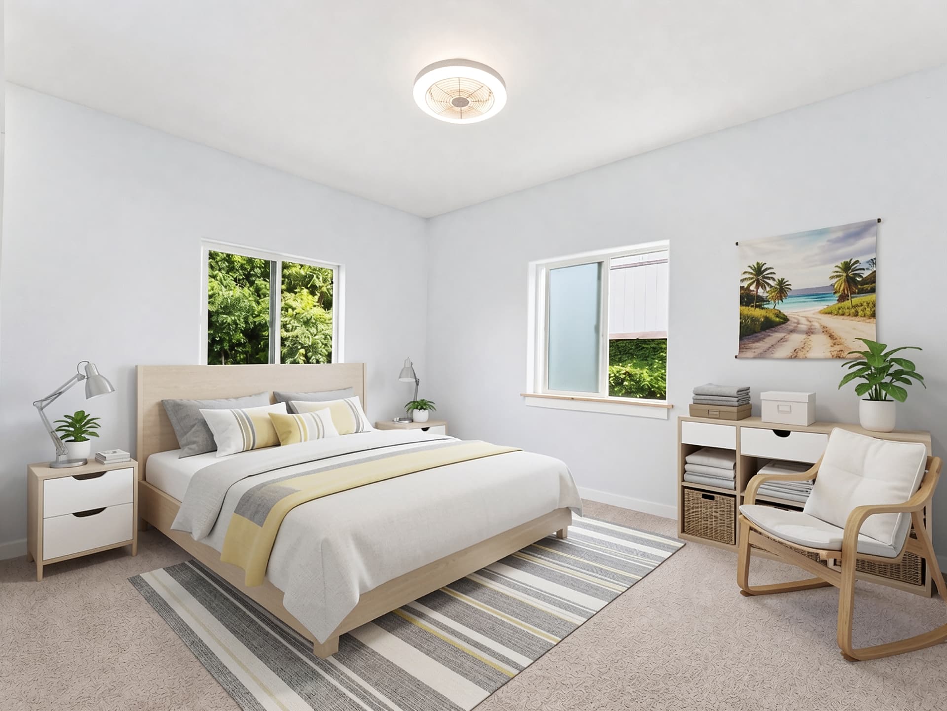 Corner bedroom with two windows overlooking greenery (virtually staged)