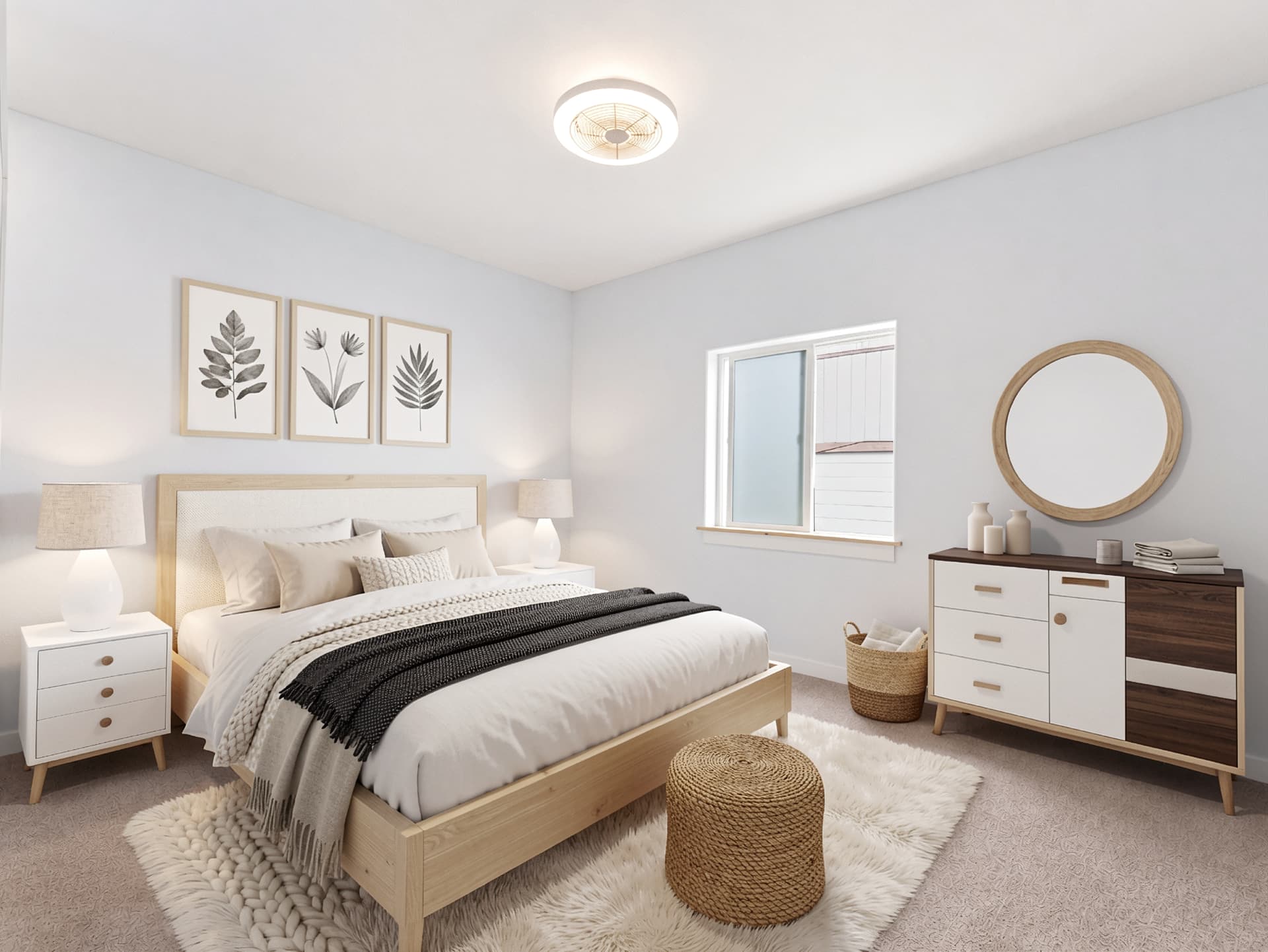 Middle-level bedroom with dresser, mirror, and window